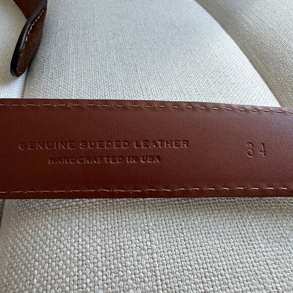 J. Hilburn Men's Brown Suede Orange Contrast Stitch Brass Buckle Belt Size 34 - Picture 5 of 10